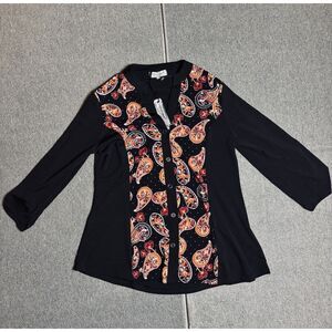 Once Again NYC Collection Womens Black Paisley Panel 3/4 Sleeve Top Rhinestone S